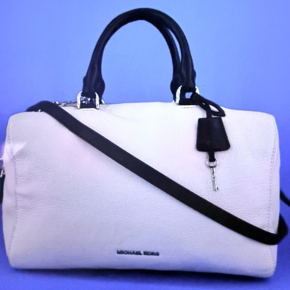 Michael Kors White Satchel with Black Handles and Crossbody Strap
